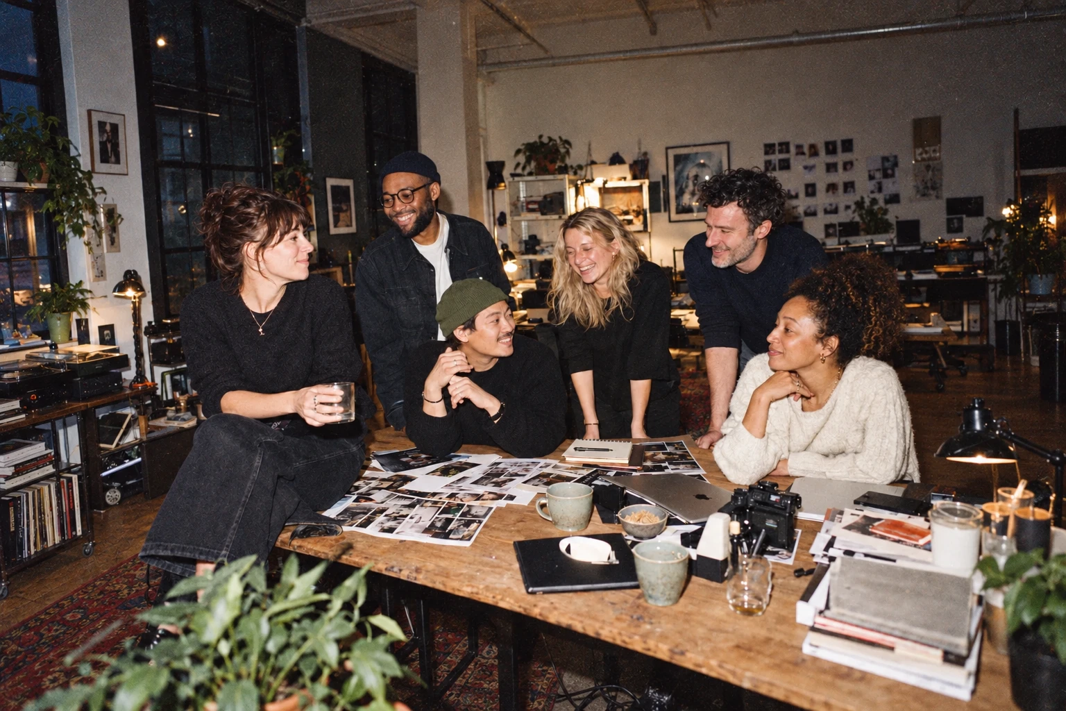 A candid studio scene with direct flash and film grain